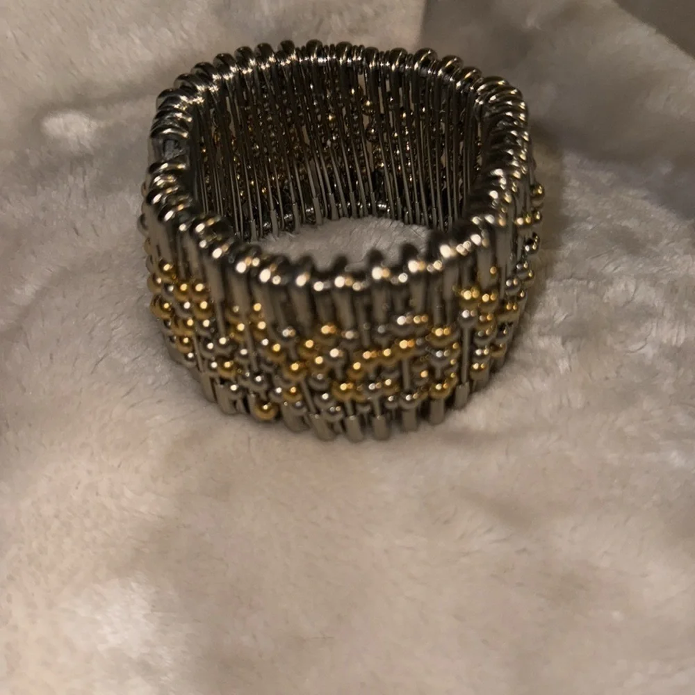 Vintage safety, pin, gold and silver bowl stretch bracelet